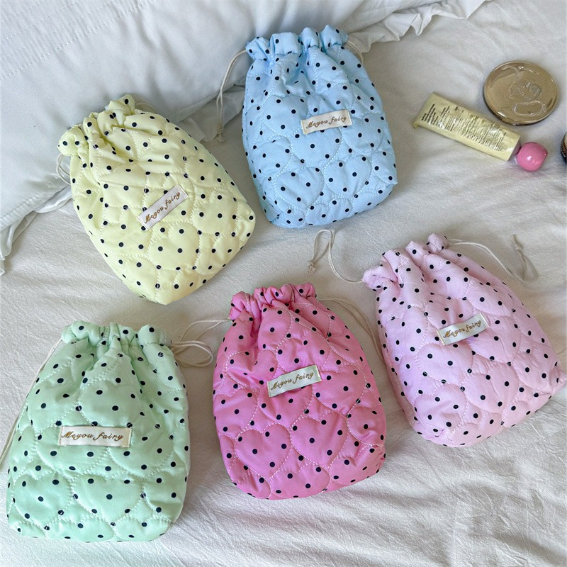 Travel Accessories Pouch For Women - Retro Polka Dot Heart Padded Drawstring
