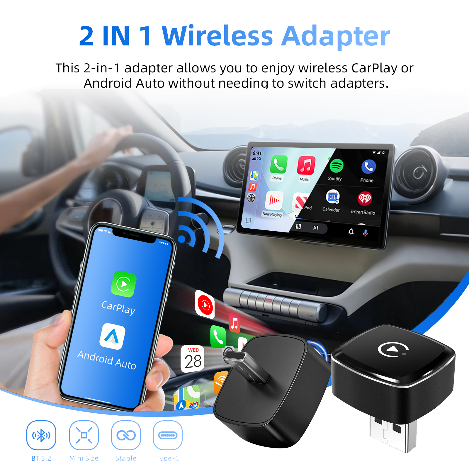 Travel Plug Type C - 2026 2-in-1 Wireless CarPlay & Android