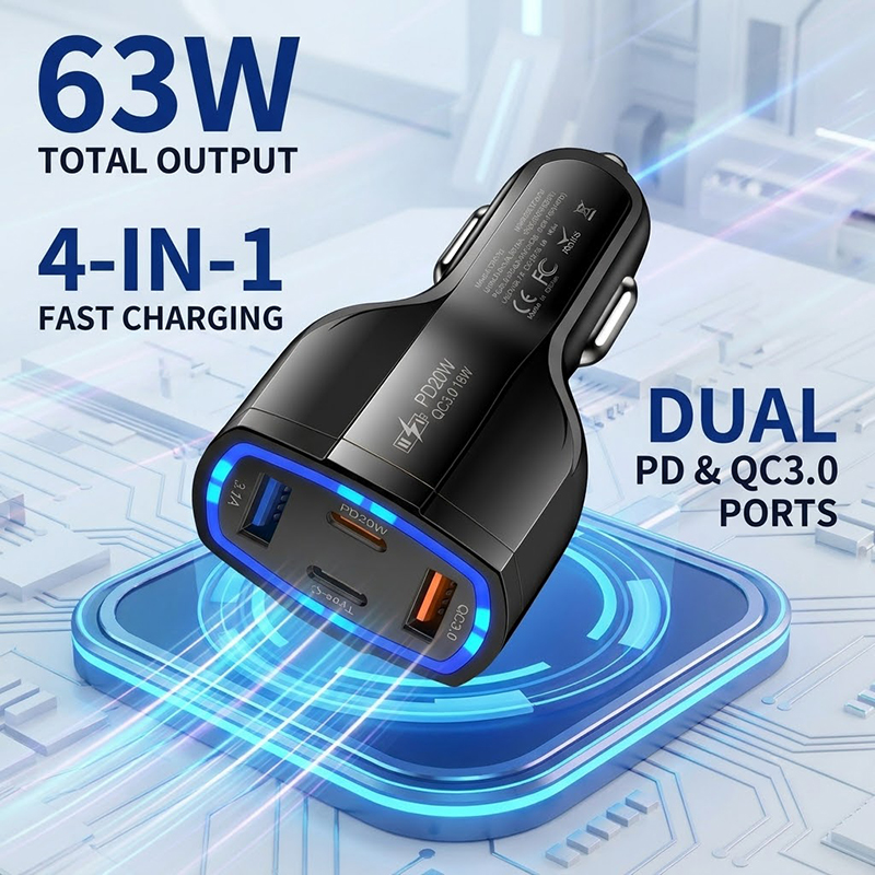 Travel Plug Type C - Multi Port 63W Car Charger Fast